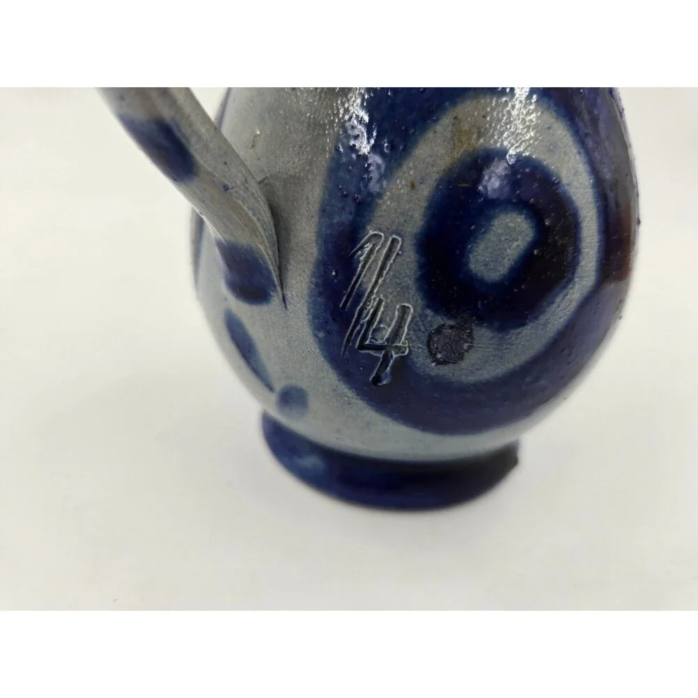 Stoneware Salt Glaze Pitcher with Cobalt Blue Design BULLSEYE Pattern Hand Paint